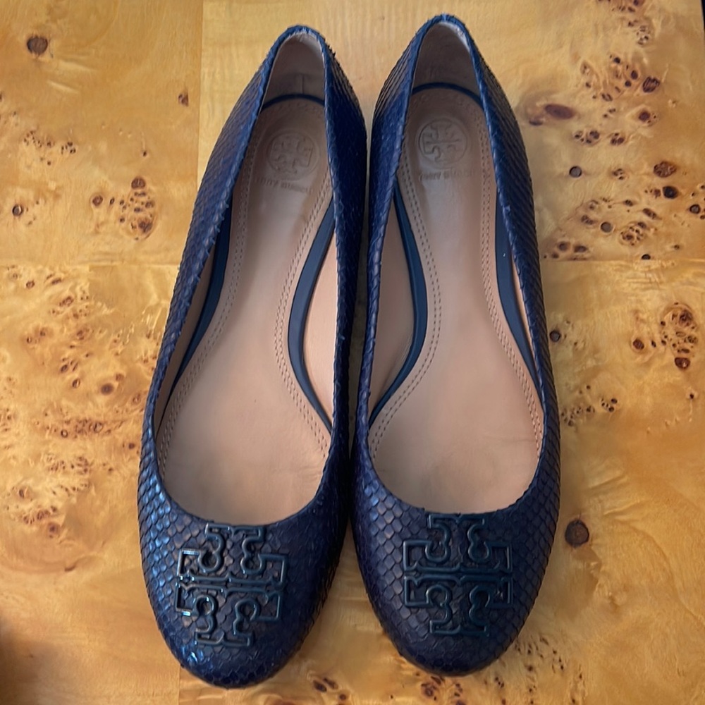Tory Burch Reva Navy Snakeskin Flat